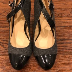 Gray and patent leather heels